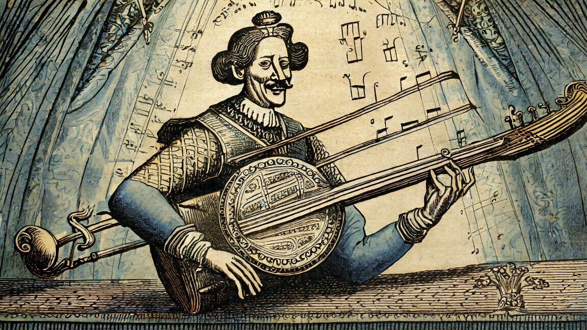 Image of a man holding a musical instrument used in 17th-century Dutch music. The instrument looks like a very long round guitar.