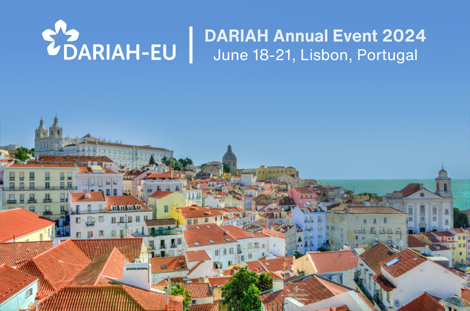 Skyline of Lisbon with the text "DARIAH Annual Event 2024 | June 18-21, Lisbon, Portugal"